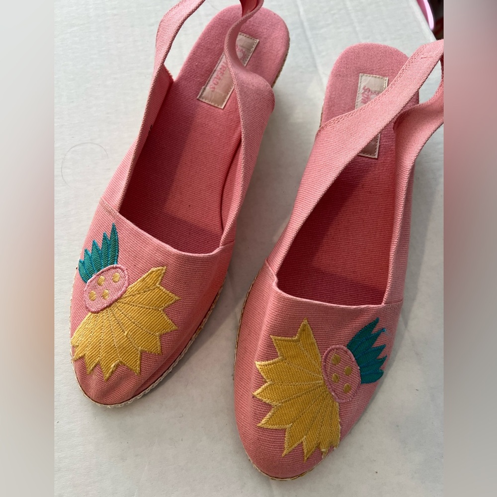 Vintage Pink Floral Embroidered Slingback Espadrilles Sandal Flats